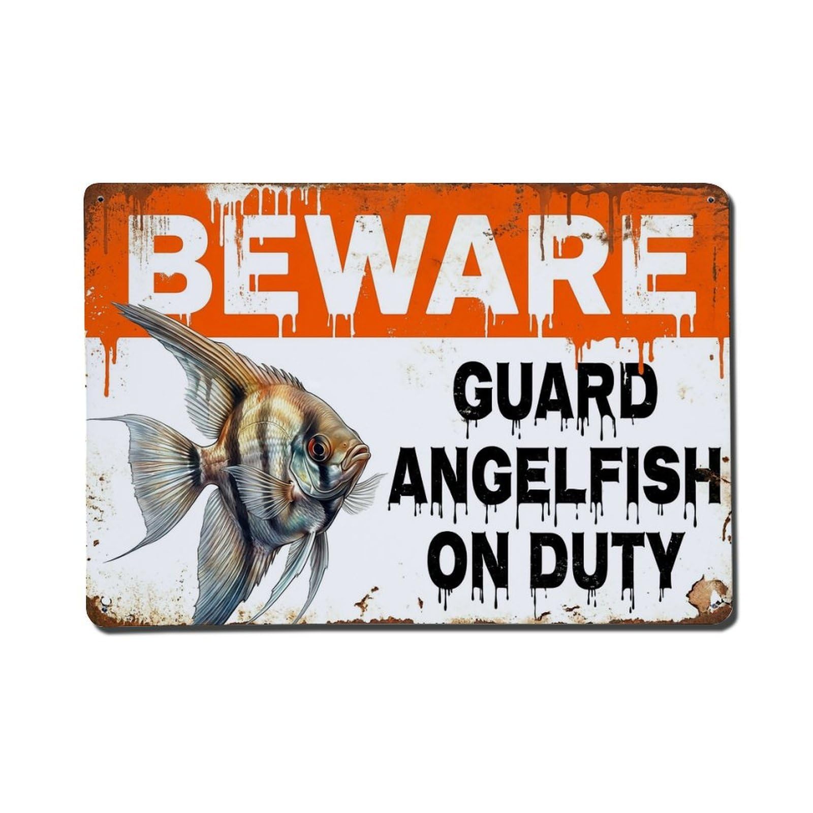 Vintage Funny Angelfish Guard Beware of Fish Pier Metal Tin Sign Plaque Wall Decor for Cafe, Club Bar, Office, Garden Metal Poster 8x12Inch