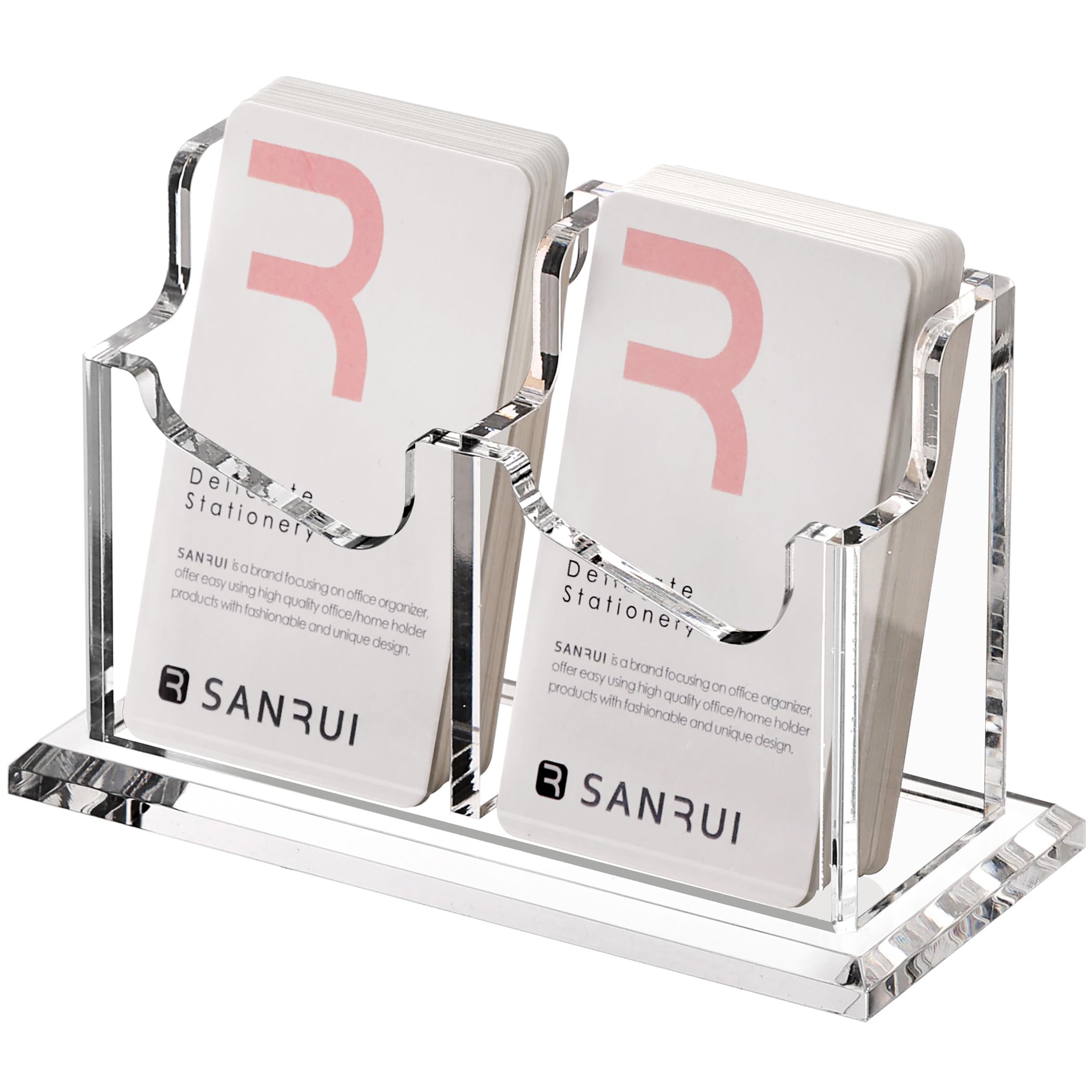 SANRUI Porte-cartes de visite vertical en acrylique pour bureau, présentoir de cartes de visite transparent pour exposition, maison, bureau, 2 emplacements 1 niveau, peut contenir 100 cartes