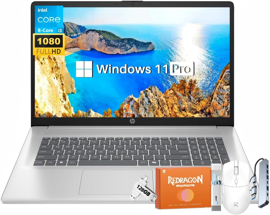 HP 17 Laptop Computer 2025 for Business Students, 17.3″ FHD Display, Intel 8-Core Processor, 16 GB RAM, 512 GB SSD, Windows 11 Pro, Copilot AI, Up to 9.5 Hours Battery, Wi-Fi 6, BT 5.4, w/Accessories