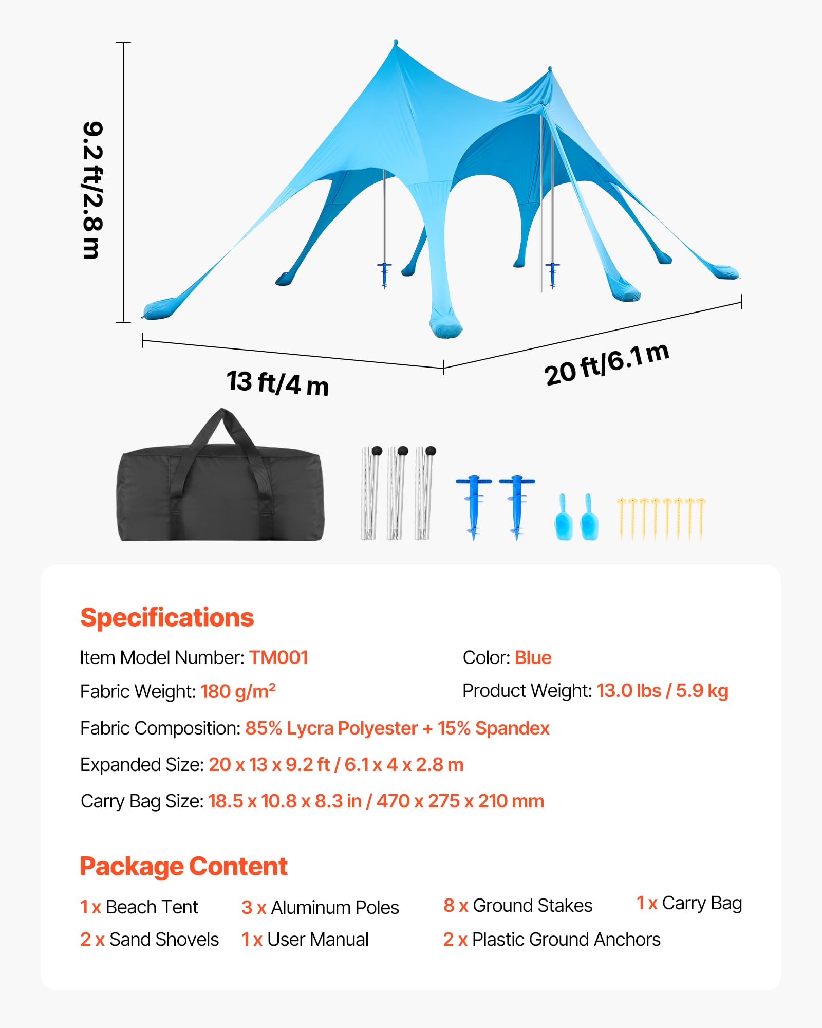 VEVOR UPF50+ ochrona przed słońcem, namiot plażowy, 2,8 m wysokości, 6 x 4 m, łatwy wysuwany baldachim plażowy z workami z piaskiem, drążki stabilne, łopatki piaskowe, przenośny, na rodzinne wycieczki