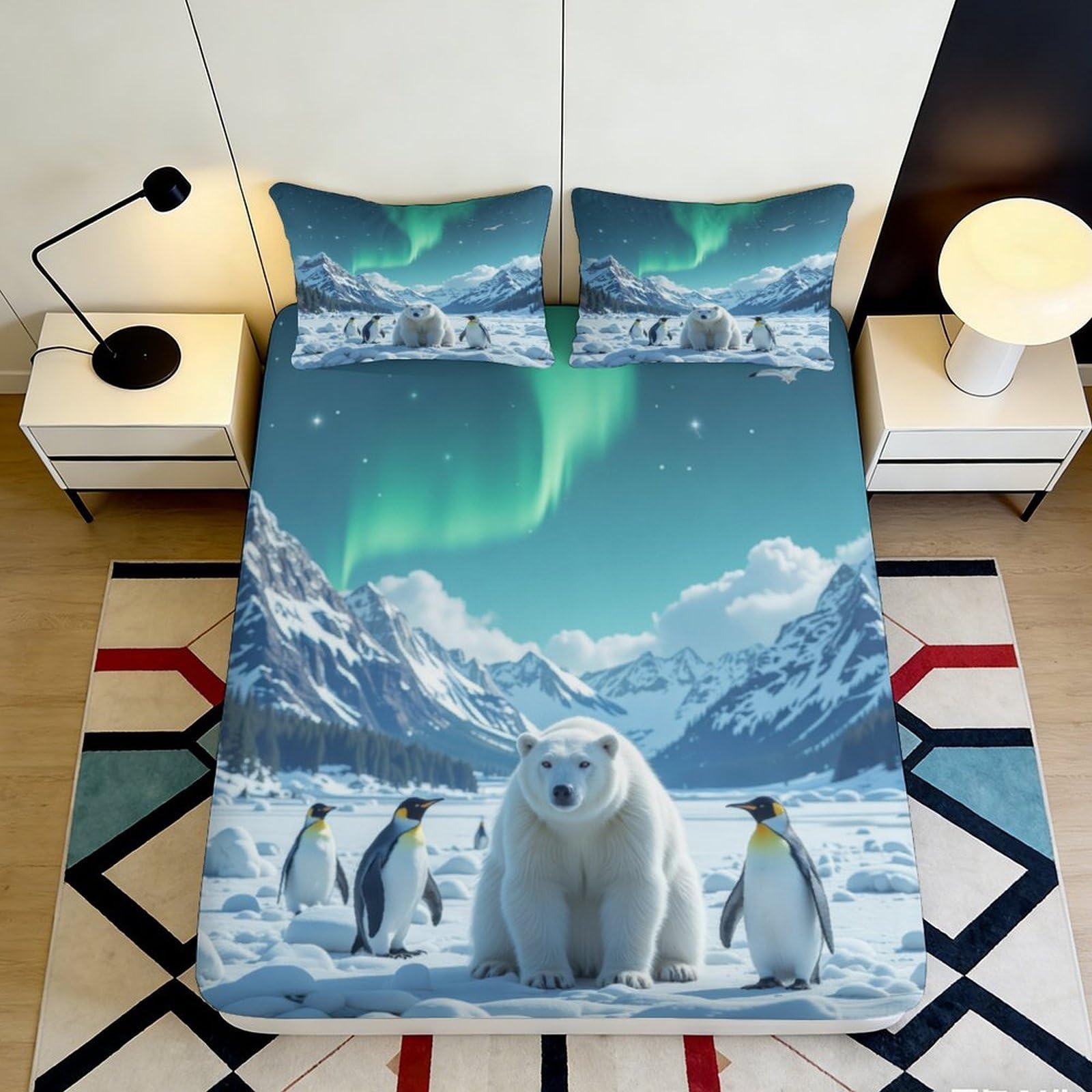 Pnayamiorkfel Style-10 3D Printed Polar Aurora Fitted Sheet Microfiber Snow Mountain Penguin Mattress Cover Bedroom Decor Easy Care 90X200x25cm