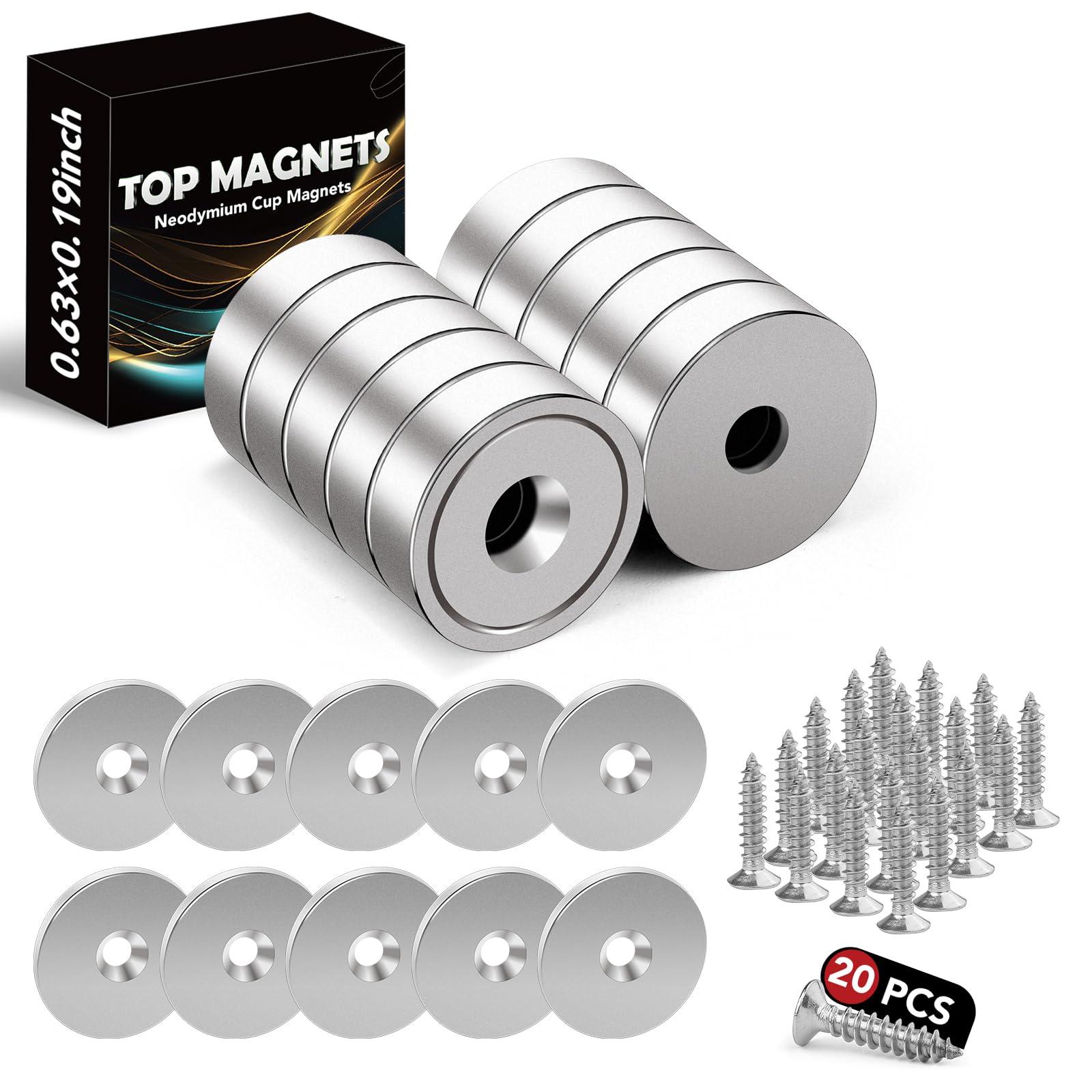 10Pack Strong Magnets Heavy Duty, Neodymium Magnet with Countersunk Hole and Iron Sheet, 20LBS Cabinet Magnet for Kitchen, Mounting, and Cabinet Magnetic Catch- 0.63x0.19inch