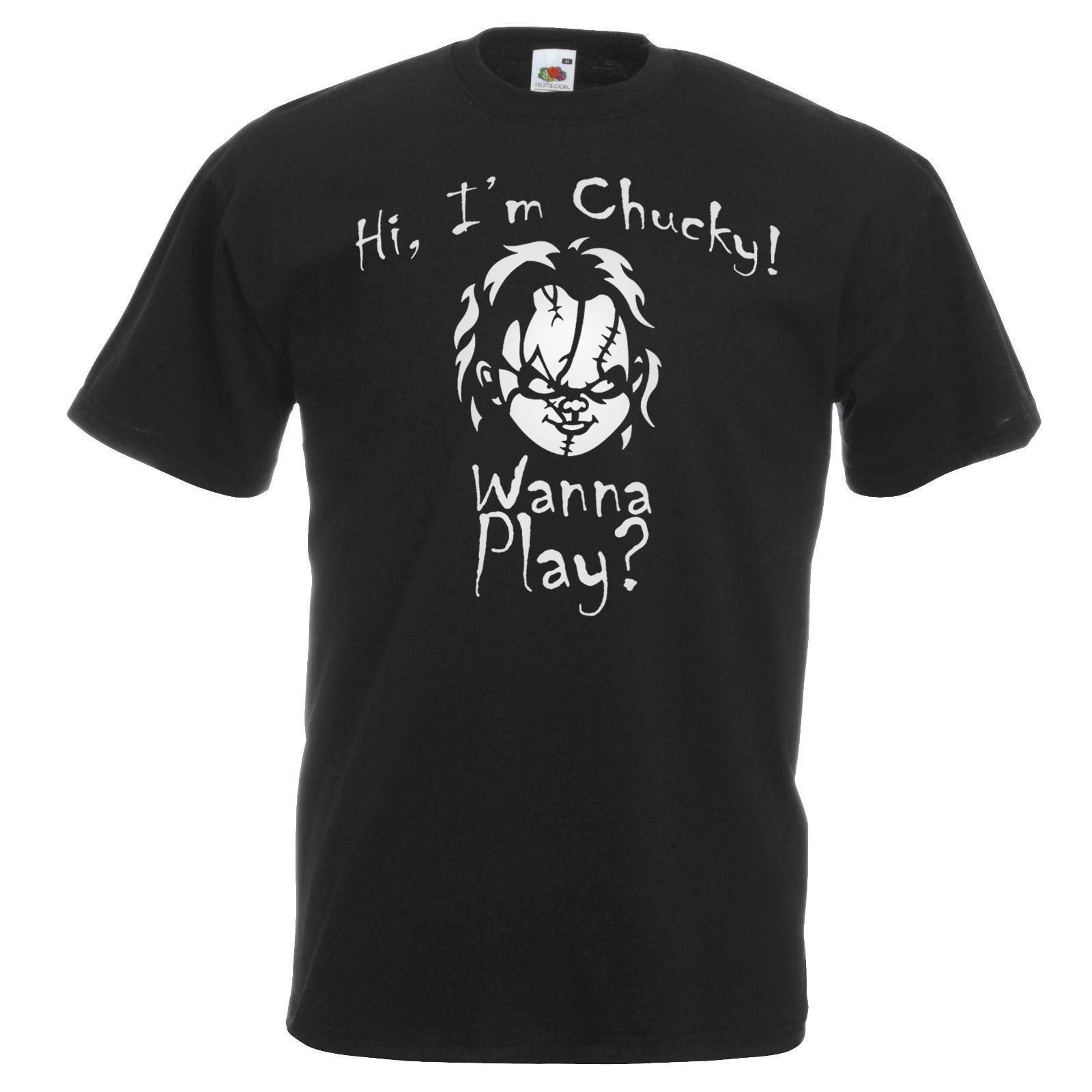 Mens Black Chucky Quote T-Shirt Wanna Play Halloween Horror Film Doll Tshirt (XL)