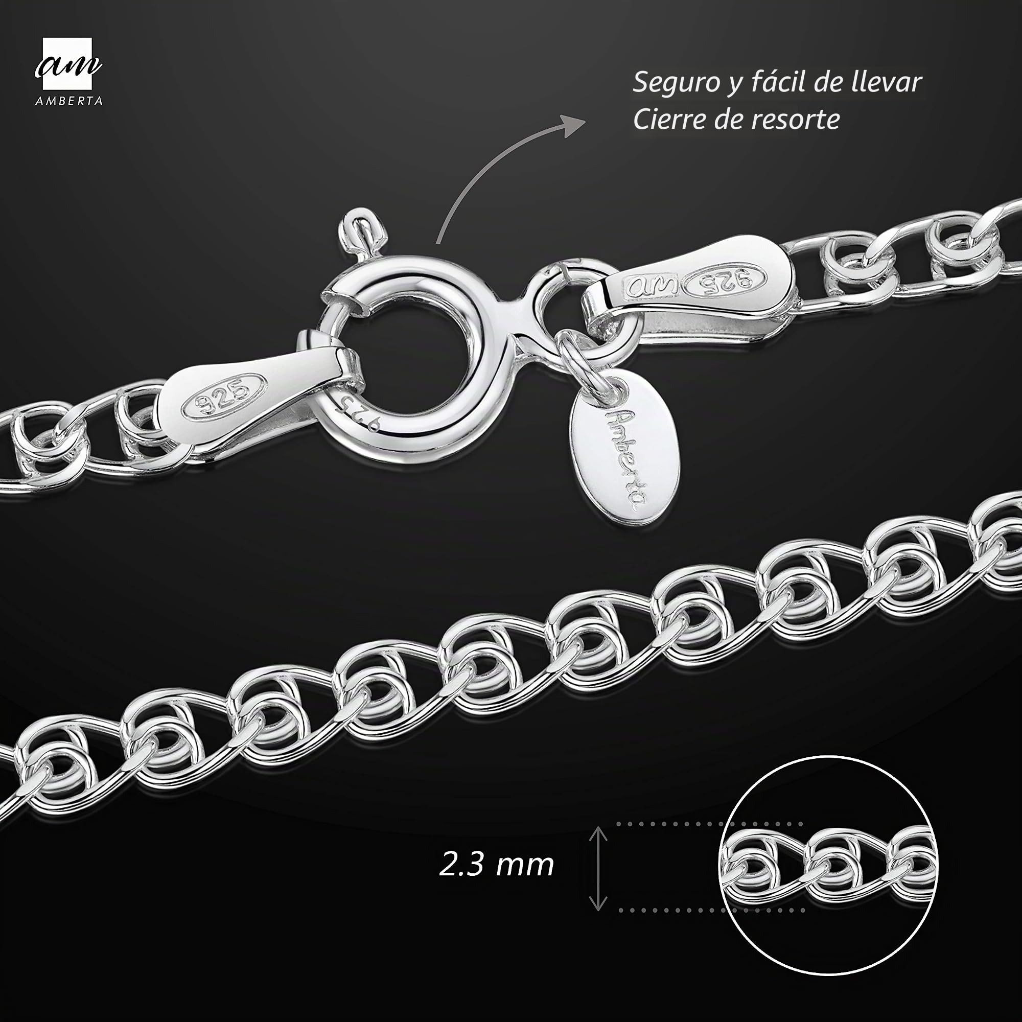 Amberta Bijoux - Collar con Cadena de Plata 925/1000, Malla de corazón, Ancho 2,3 mm, Longitud 40, 45, 50, 55, 60 cm, 60 cm