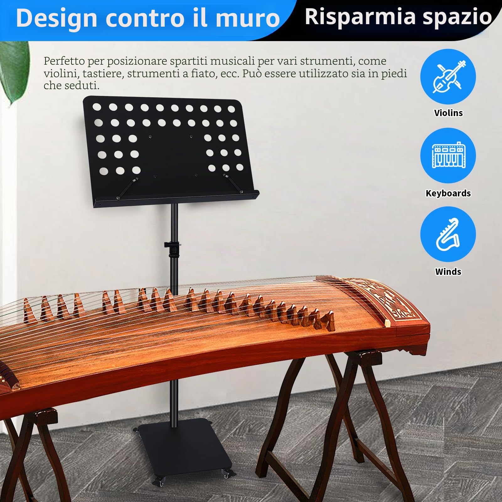 Leggio professionale per spartiti da orchestra, con ruote, in metallo, alto, supporto per cellulare, tablet, per pianoforte, tastiera, strumenti a fiato, suonatori, altezza regolabile da 90,9
