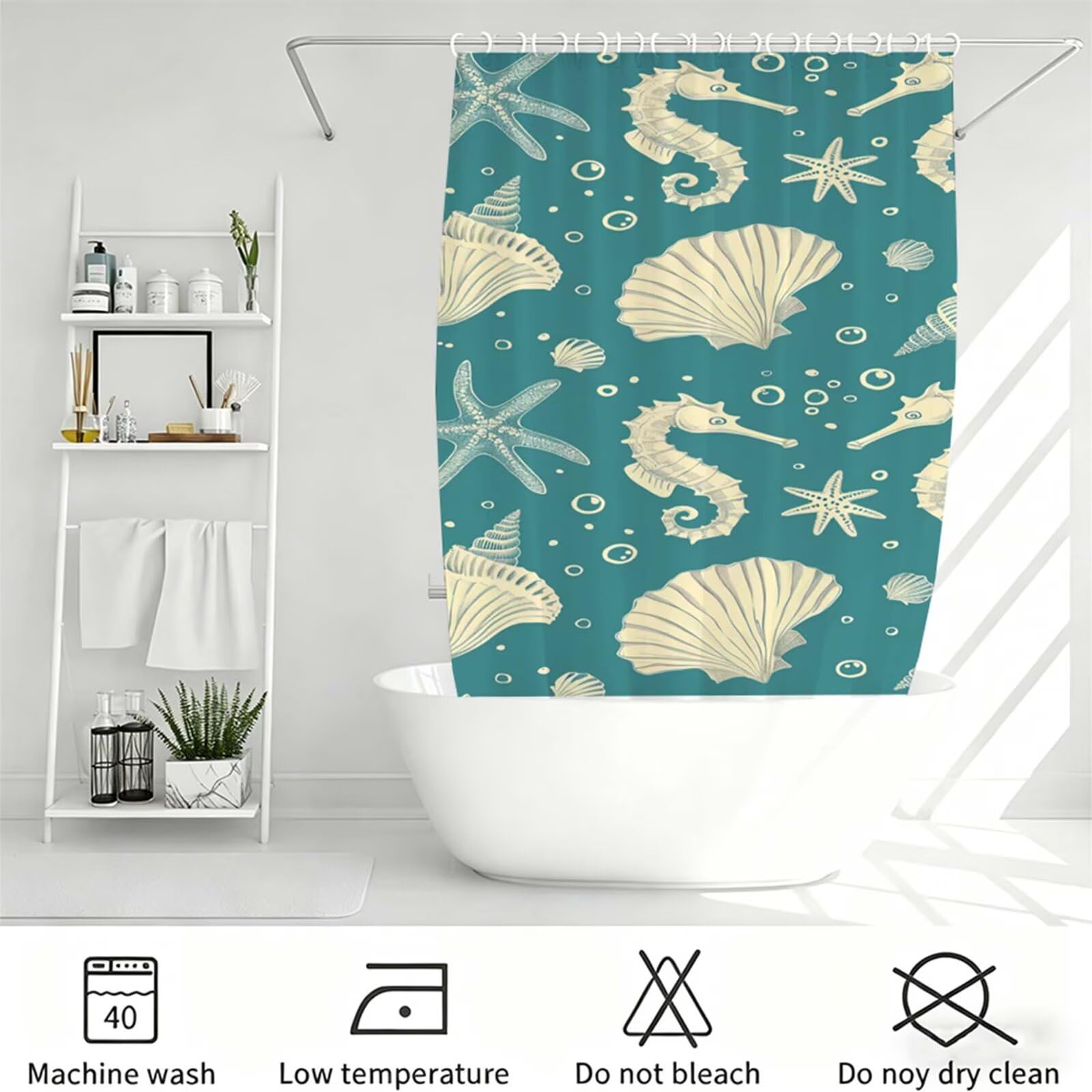 Turchese Tenda Doccia 180x240cm,Tenda per Doccia Tessuto Poliestere Impermeabile Asciugatura Rapida 12 Anelli,Tende Finestra Bagno e Vasca Pieghevole per Angolare Casa Shower Curtain conchiglia J-470
