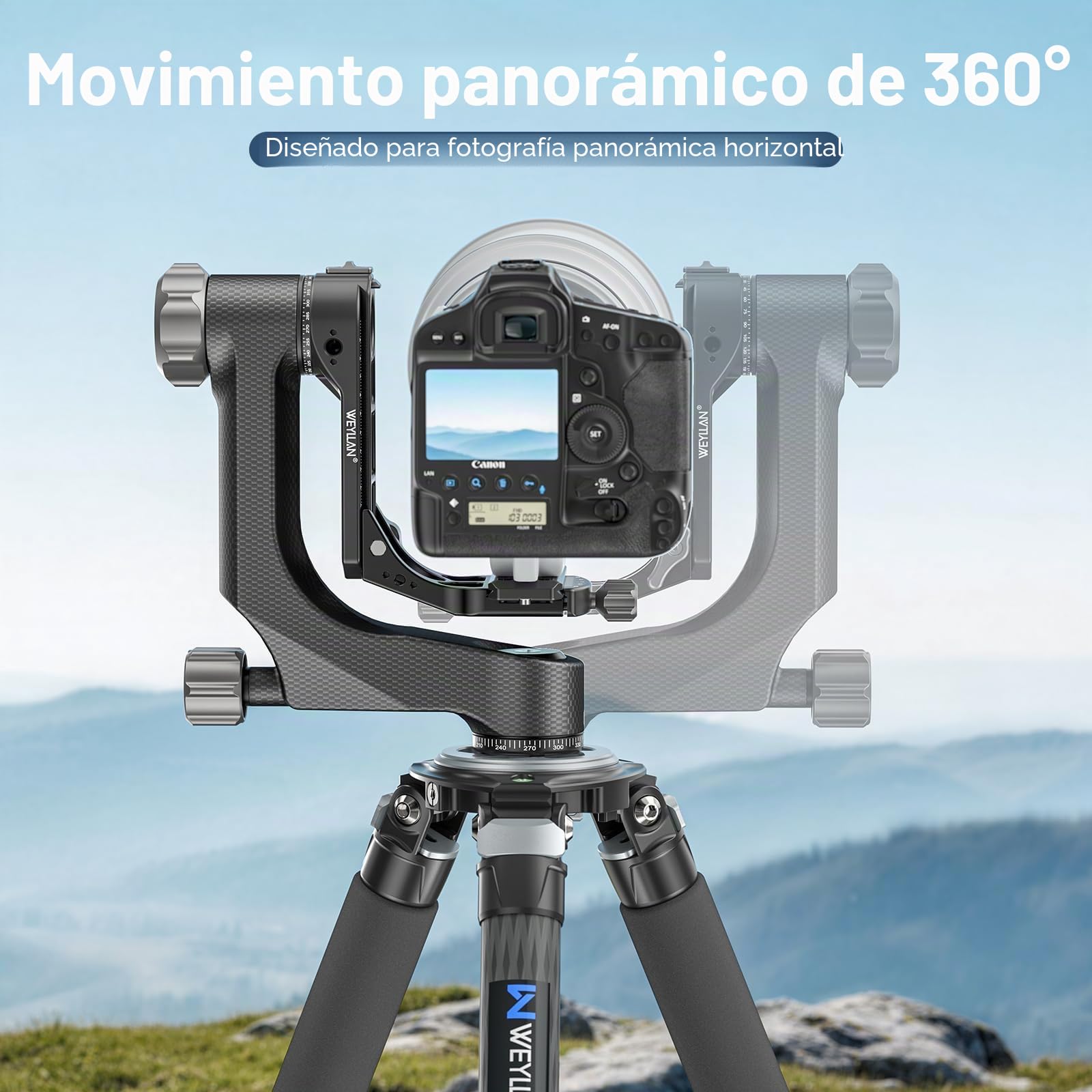 WEYLLAN Cabezal de Trípode de Cardán, Gimbal Head de 360°, Cabezal Trípode Profesional de Fibra Carbono, con Placa de Liberación Rápida Arca-Swiss de 1/4'' y 3/8'', Carga Máxima 20kg para Cámara DSLR