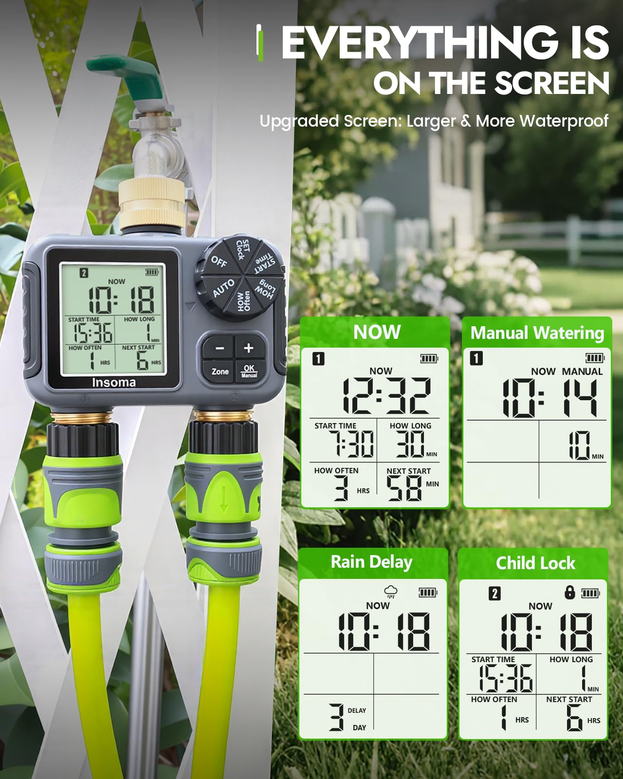 Insoma Timer irrigatore a 2 zone con ingresso e uscita in ottone, timer dell'acqua per tubo da giardino con modalità auto/manuale/ritardo pioggia, grande display LCD, timer per tubo flessibile di