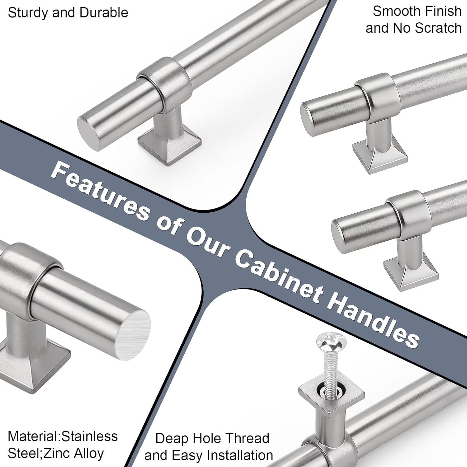 knobelite 15 Pack Hole Centers 4inch Brushed Nickel Cabinet Pulls Stainless Steel Kitchen Drawer Handles with Zinc Alloy Base T Bar Dresser Pull Handle
