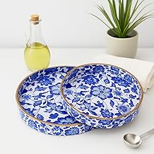 HusNain Wooden Round Tray Set of 2 with Printed Design | Multipurpose Serving & Decorative Trays for Kitchen, Dining & Home Decor Finish Round Platters for Tea, Coffee, Snacks (Blue Flower)