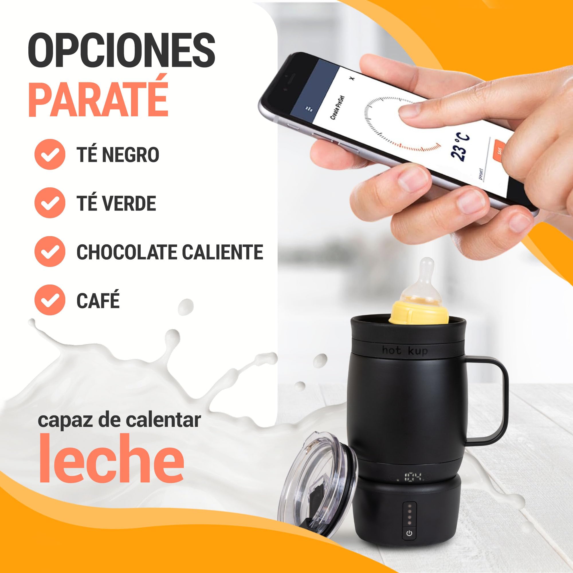 Hot Kup - Taza inteligente autocalentable con base eléctrica portátil opcional, Calentar y Preparar Bebidas Calientes - Control Total de Temperatura para Café, Calentar leche y Purificar agua - Blanco
