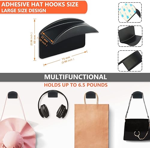 Miniatura 4 de CANRAY Paquete de 20 ganchos adhesivos para gorras de béisbol para montaje en pared, organizador de sombreros, sin perforaciones, para pegar (Negro)