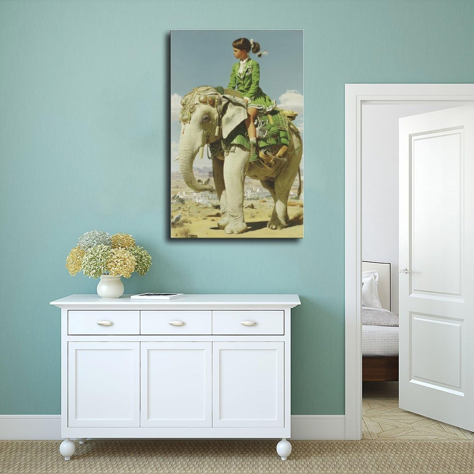 Poster su tela con elefante che cavalca una ragazza