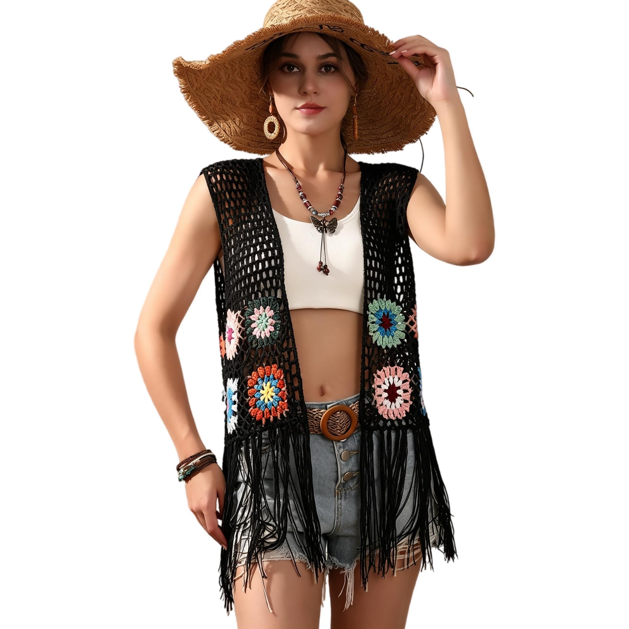 Cárdigan floral de ganchillo sin mangas con flecos, estilo bohemio, retro, hecho a mano, con borlas