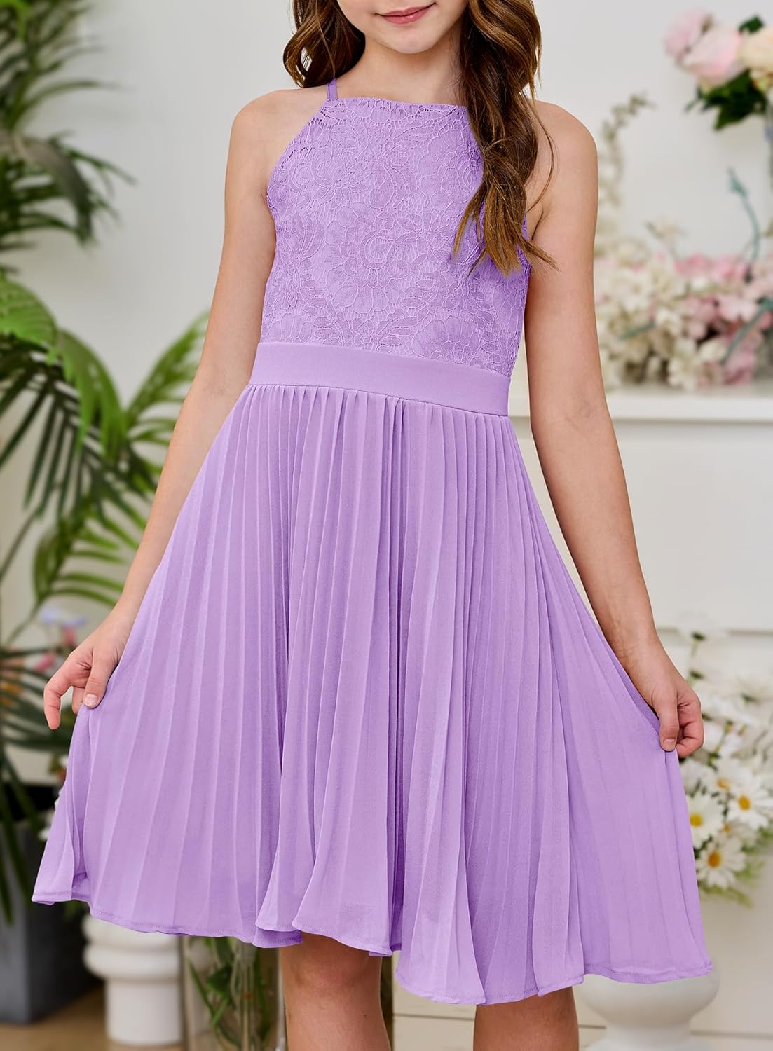 HOSIKA Girls Halter Neck Summer Sleeveless Elegant Floral Lace Chiffon A-Line Flared Swing Party Dress for 6-12 Y - Image 3