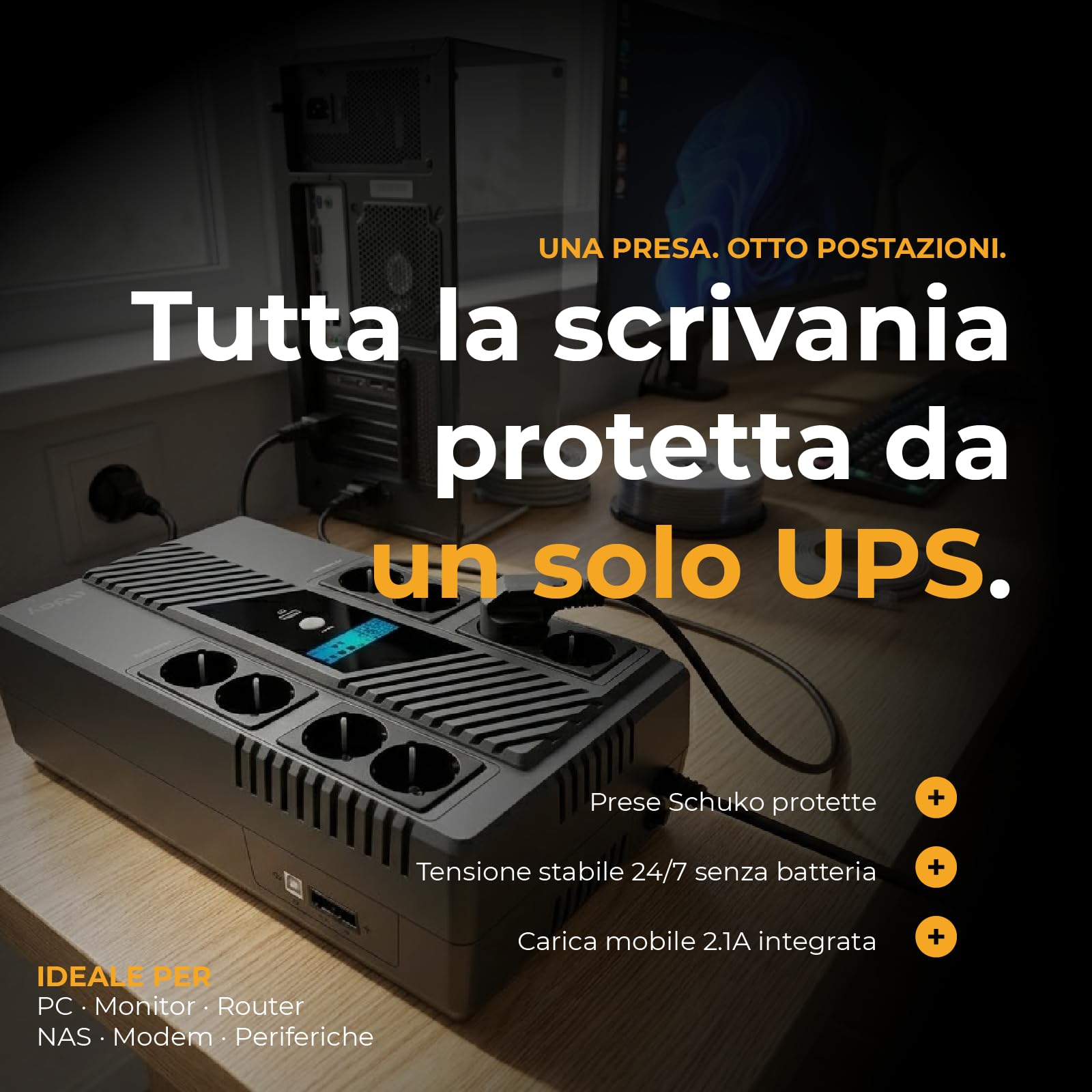 NJOY Token 800 UPS Gruppo di Continuità 800VA 480W | 8 Prese Schuko | Tecnologia Line Interactive AVR | Caricatore USB 2.1A | Display LCD | Software PC Incluso | Protezione Blackout per PC Router NAS