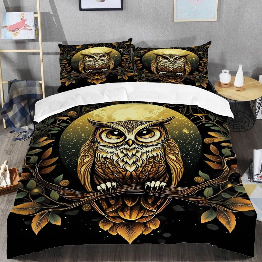 Mysterious Owl Bedding Set, Comforter Twin Full Queen King, Owls Decor for Bedroom Ultra-Soft Lightweight Comforter Sets for Men Women (Moon Night Owl)