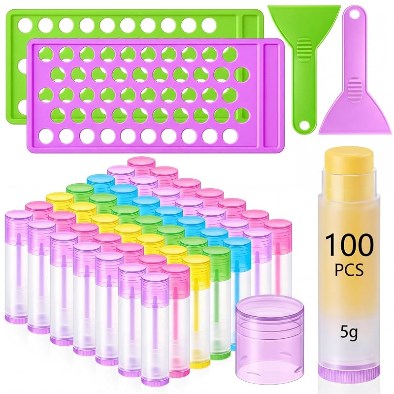 Singhoow Kit com 100 Tubos para Bálsamo Labial, 2 Bandejas de Preenchimento e 2 Espátulas, Recipientes de 5 g com Tampa, Coloridos
