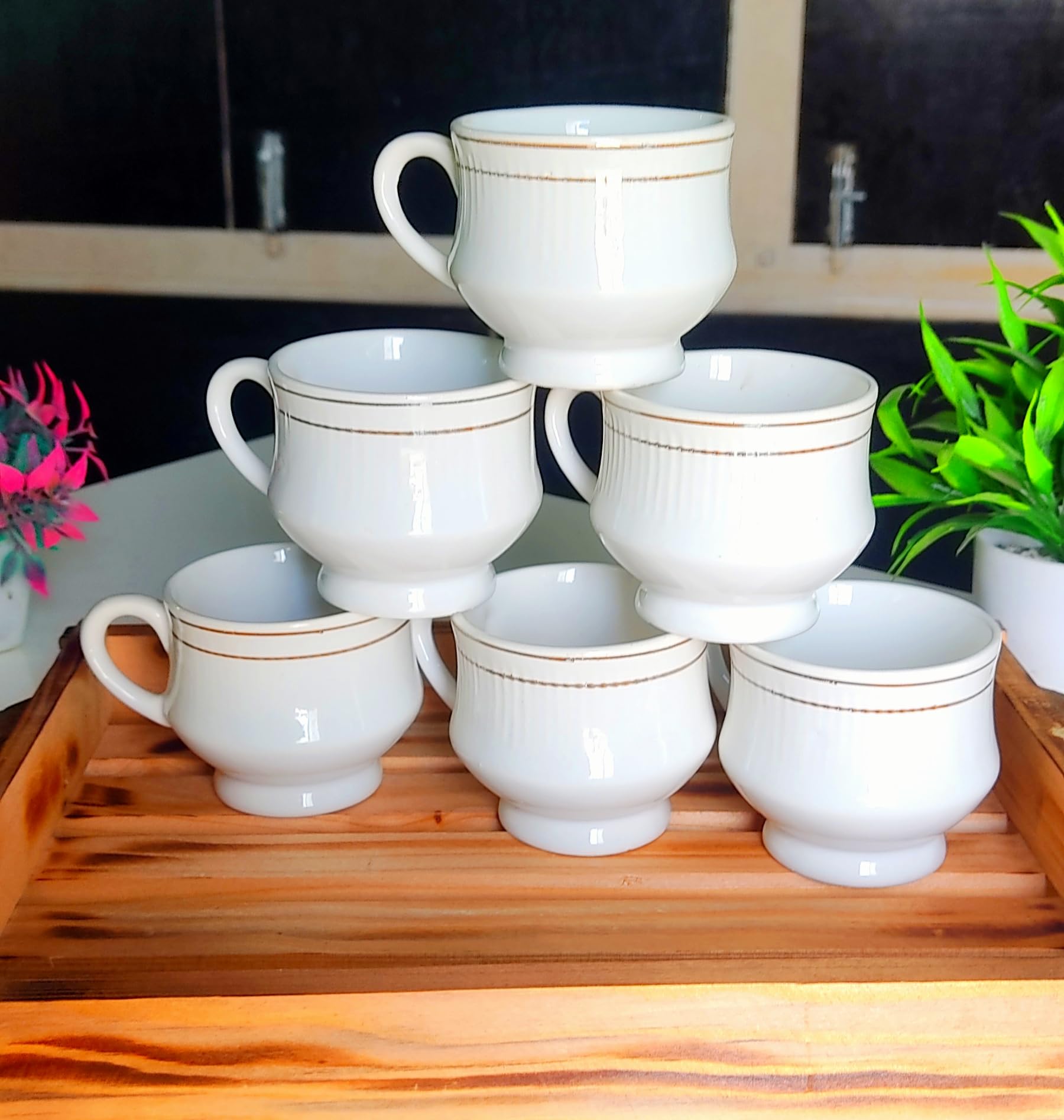 Elegant White Tea Cups with Silver Trim - Set of 6 -1 Elegant White Tea Cups with Silver Trim - Set of 6 -1