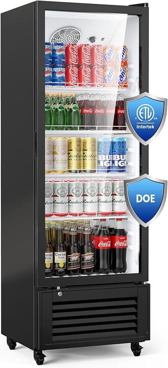 Mojgar 11 Cu Ft Commercial Refrigerators Single Door,Glass Door Merchandiser Display Beverage Fridge with Built-in LED Light,1.64kwh/24h Retail Cooler for Shop,Restaurant,Apartment,etc