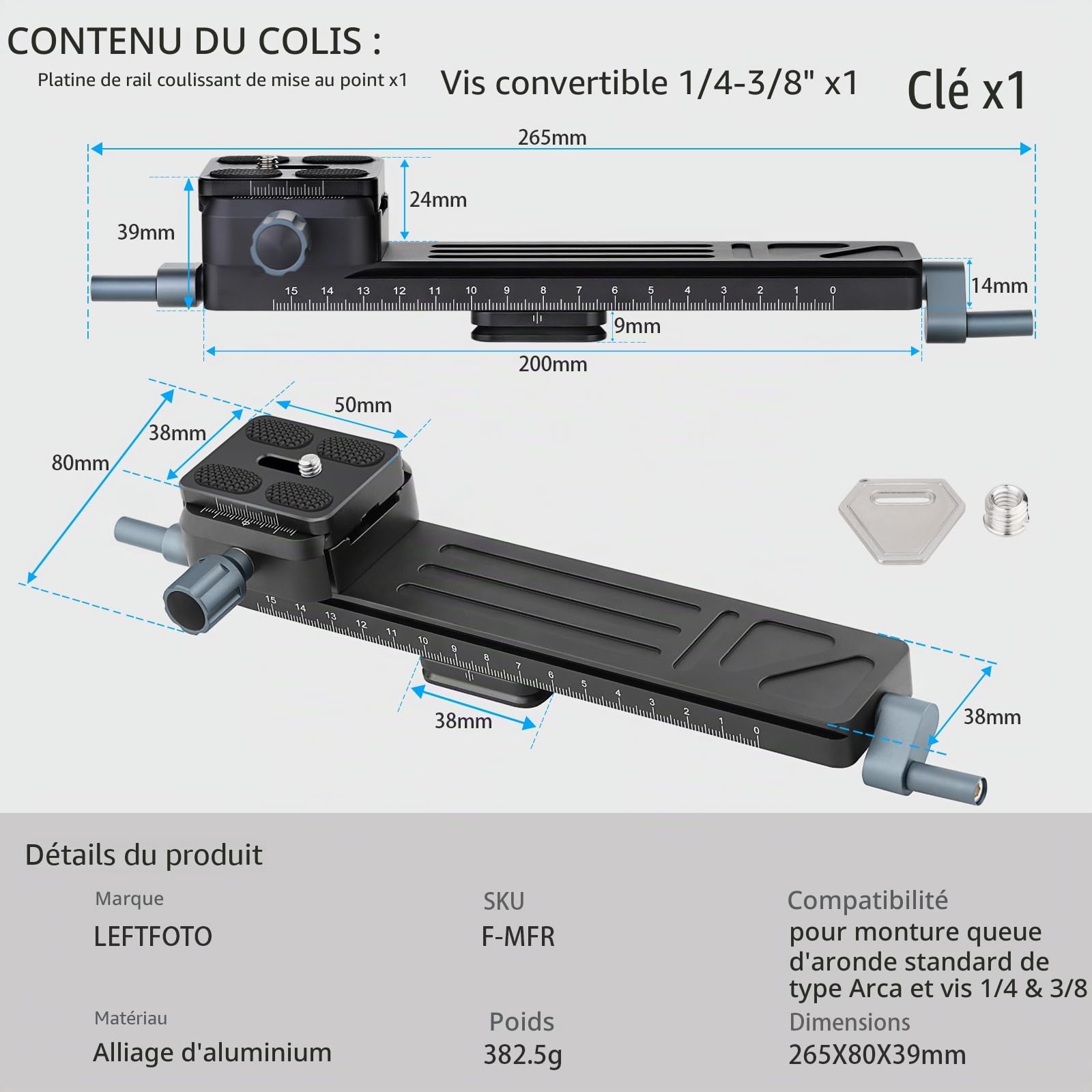 Leftfoto Glissière de mise au point macro précise et stable, ajustement bidirectionnel pour les gros plans, macrophotographie avec plaque à dégagement rapide en queue d'aronde Arca-Swiss