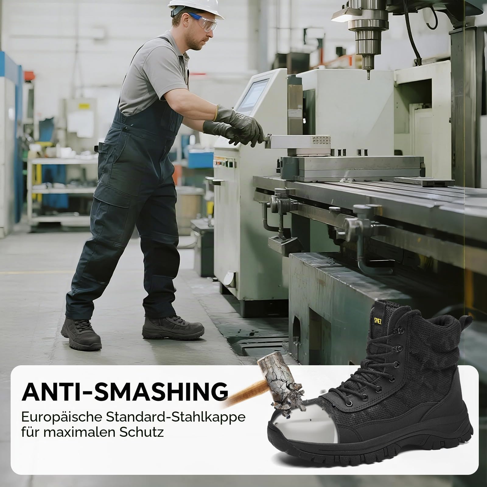 SPIEZ Sicherheitsschuhe Herren SB PL, Leichte Arbeitsstiefel mit Reißverschluss, Durchtrittsichere Sicherheitsstiefel Herren Bequeme Arbeitsschuhe, Schwarz