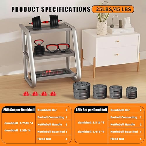 Miniatura 2 de Adjustable Dumbbell Set 25457590LB, Changeable Dumbbell Set with Connecting Rod 4 in1 Dumbbells Set Used as Barbell, Kettlebells, Push up Bar,