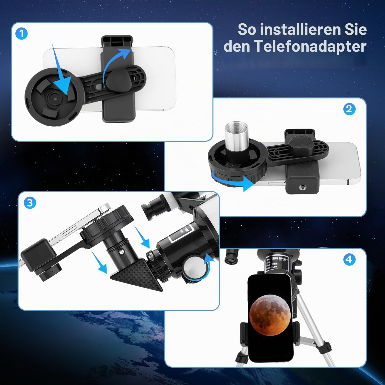Astronomisches Teleskop Refraktor 70/300 mm, FMC Hohe Übertragung, Vergrößerung 15-150X, verstellbares Stativ, Telefonhalterung & Bluetooth-Fernbedienung, für Anfänger in der Astronomie, Erwachsene