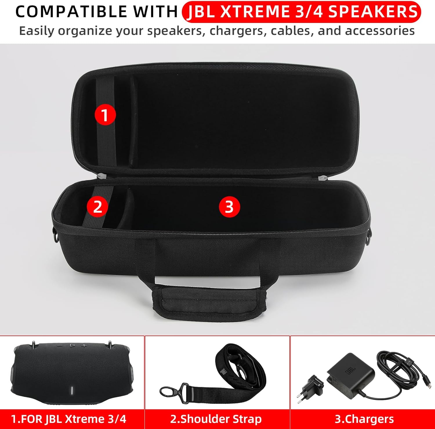 Hard Travel Case for JBL Xtreme 4/Xtreme 3 Speaker - Waterproof Carrying Bag with Adjustable Shoulder Strap, Storage Compartment for Charger & Accessories - Image 2