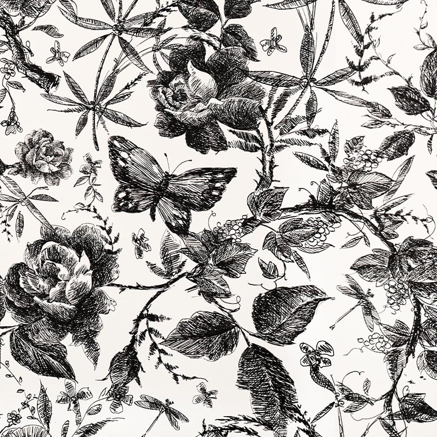 LOVADA Peel and Stick Drawer Liner Contact Paper Wallpaper Removable Self Adhesive Vintage Rose Floral Butterfly Sketched Design for Dresser Cabinet Shelf Renter Friendly Black 40 * 2000cm โ image 1