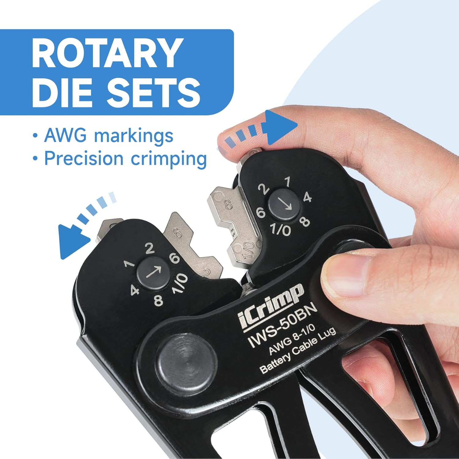 iCrimp IWS-50BN Battery Cable Crimper for 8, 6, 4, 2, 1, 1/0AWG Battery Cable Terminals and Lugs with Rotation Crimping Dies
