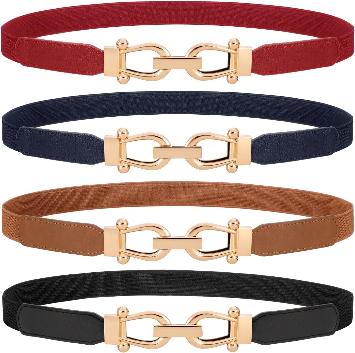 WERFORU 4 Pack Women Skinny Elastic Waist Belt Gold Buckle Stretchy Thin Belt for Jeans Dress