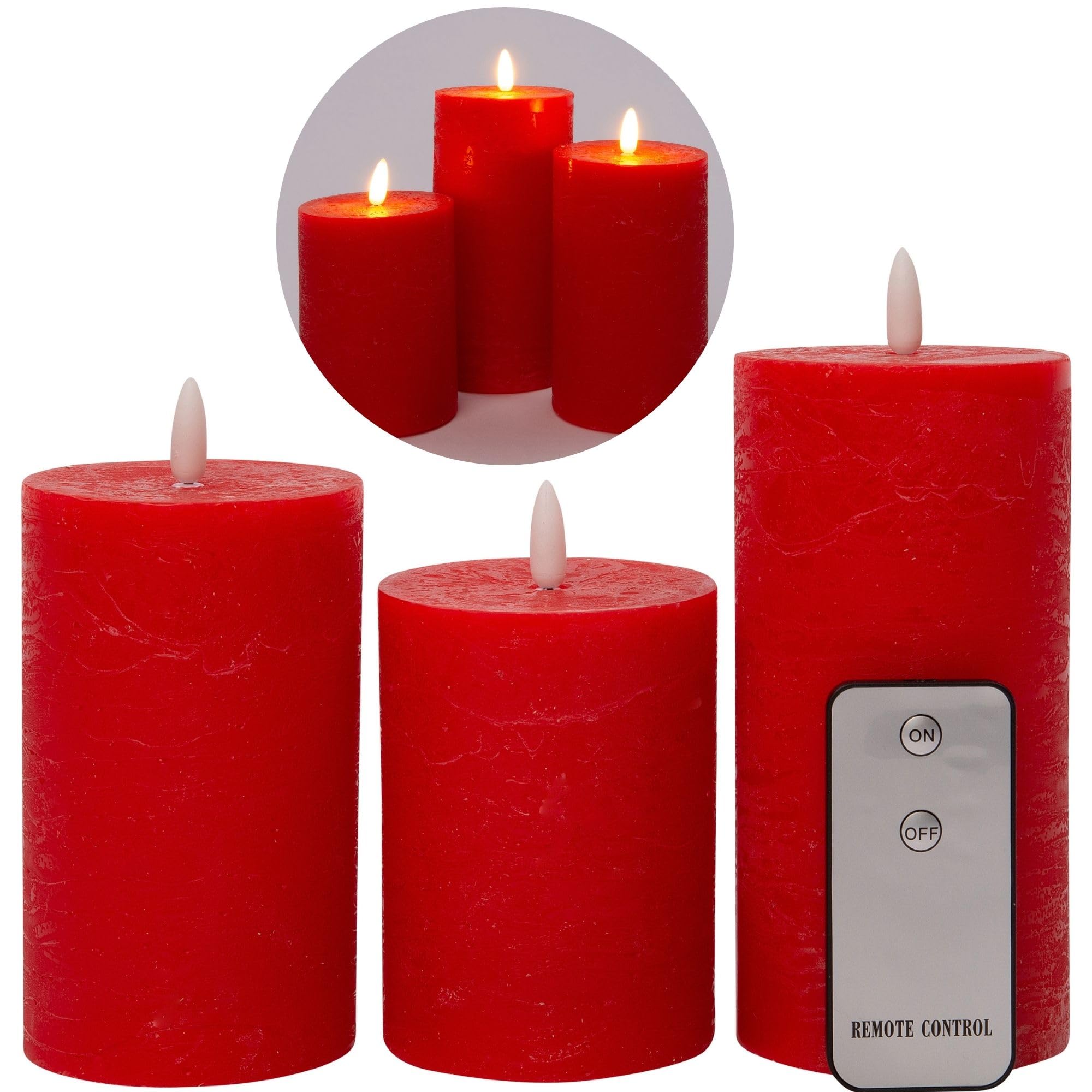 6-częściowy zestaw świec LED o średnicy 7,5 cm, migoczący płomień z pilotem zdalnego sterowania, czerwony, 15 cm + 12,5 cm + 10 cm wysokości, świece LED z funkcją timera, 3 baterie AAA, świece LED z
