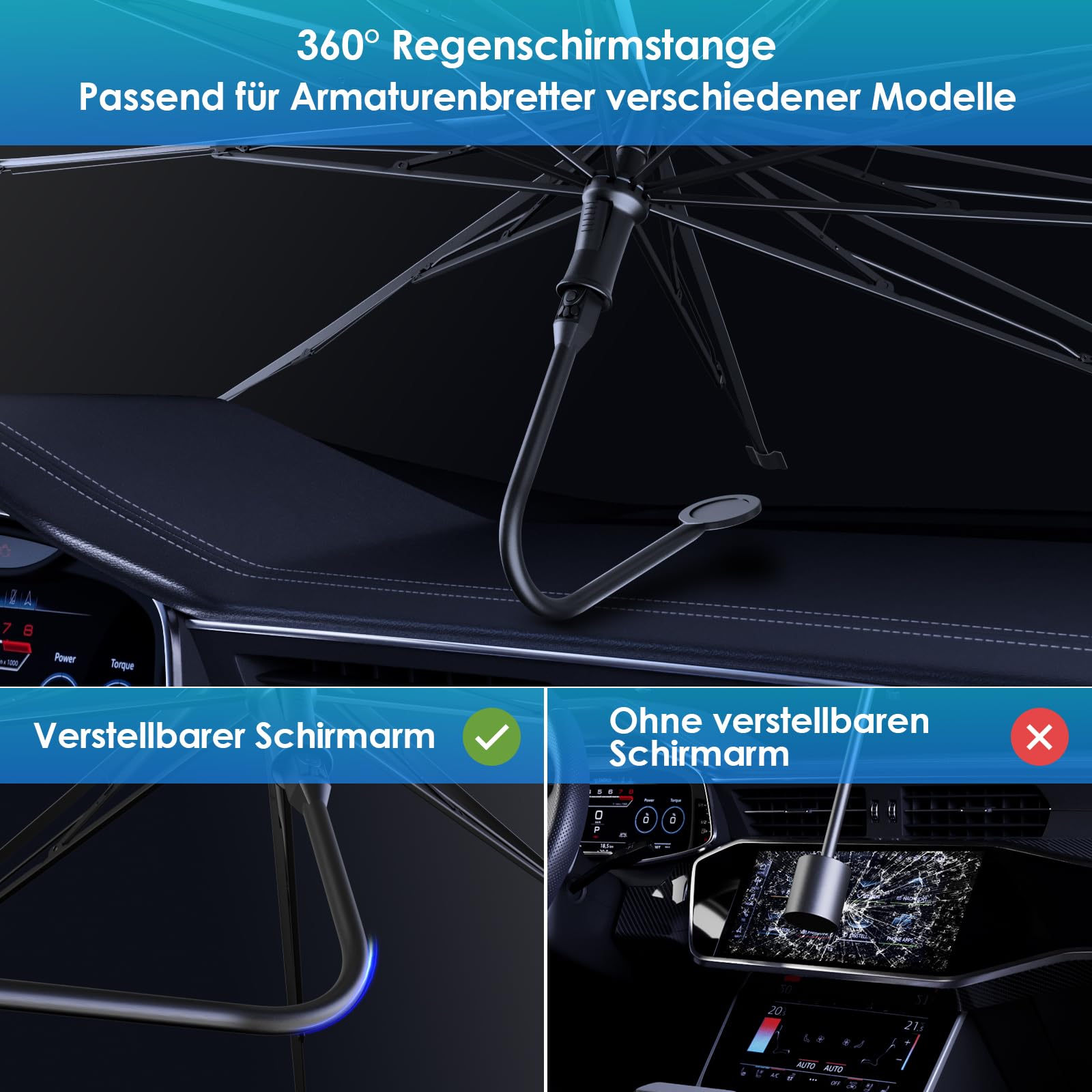 Parasole Auto 360° Pieghevole In Carbonio – Set Parasole Anteriore 145x83 Cm + 4 Laterali