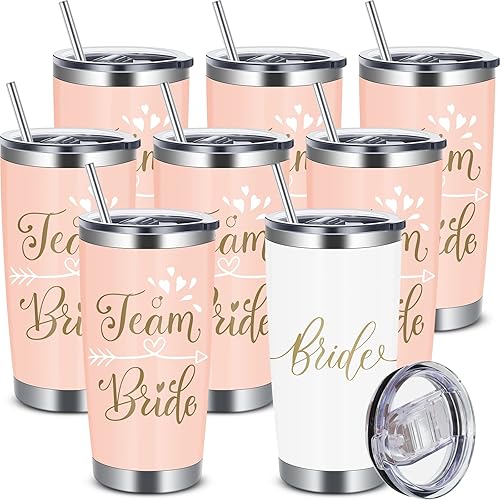 8 vasos de novia de 20 onzas, decoración de despedida de soltera, taza de acero inoxidable con tapa y pajita, vaso de vino champán para regalo de