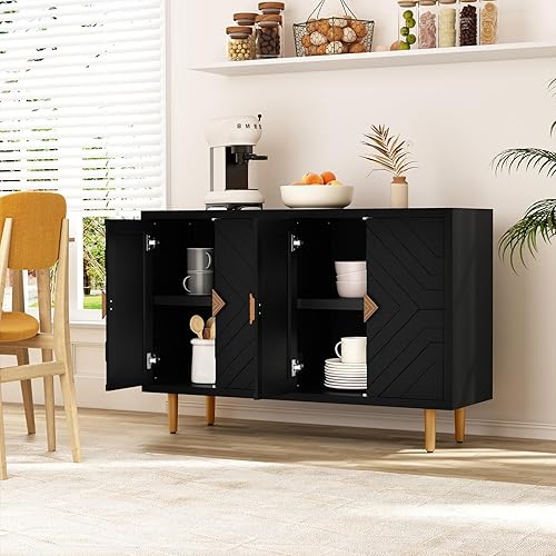 Miniatura 6 de HLR Armario decorativo de 48 pulgadas con 4 puertas y estantes, aparador moderno con puertas decorativas en relieve, armario de almacenamiento