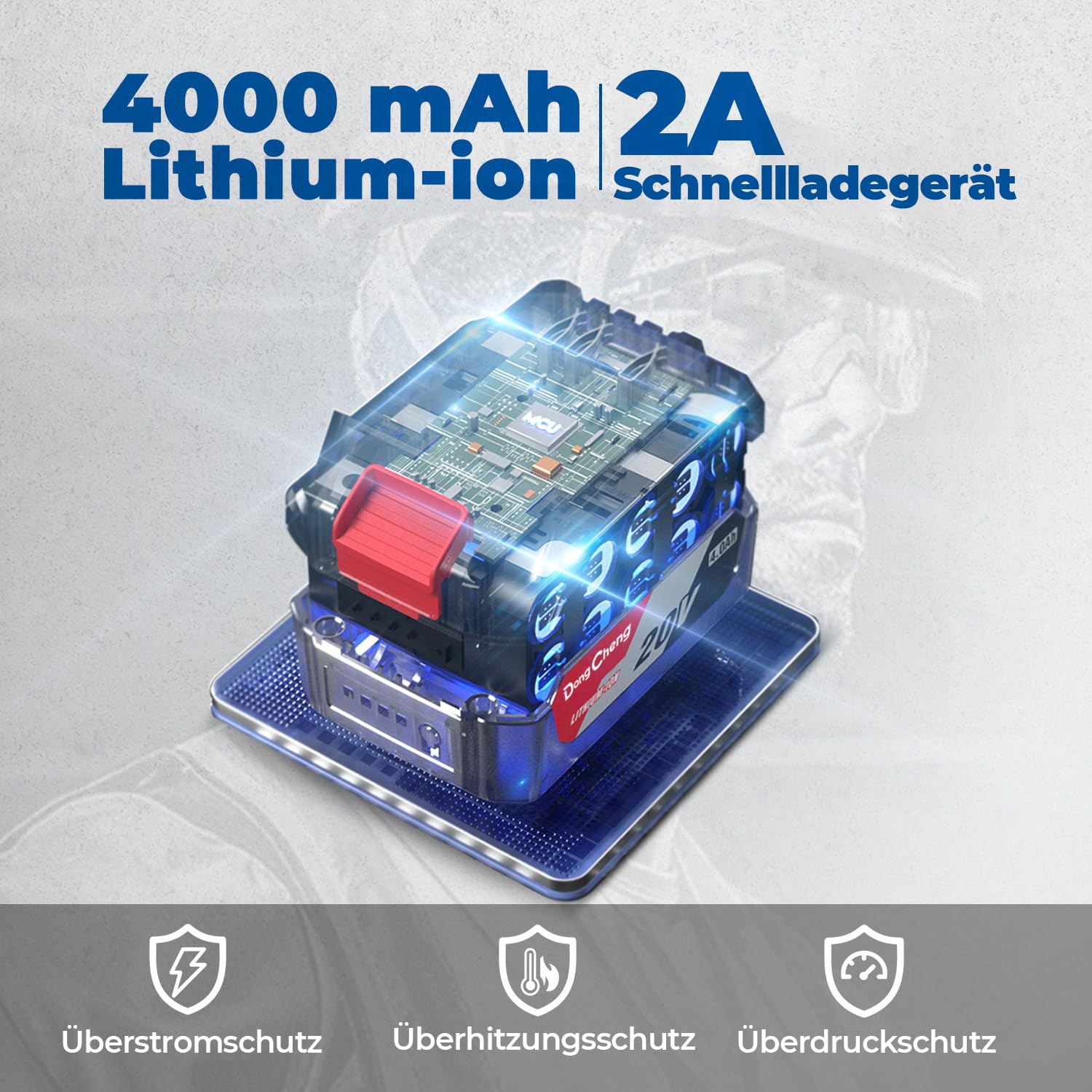 Dong Cheng 20V bürstenloser Schlagschrauber, 908Nm hohes Drehmoment, 2200U/min, 1/2 Zoll akku-Schlagschrauber mit Aufbewahrungsbox, 4-Modus, inklusive 2x4,0 Ah Akkus & Ladegerät