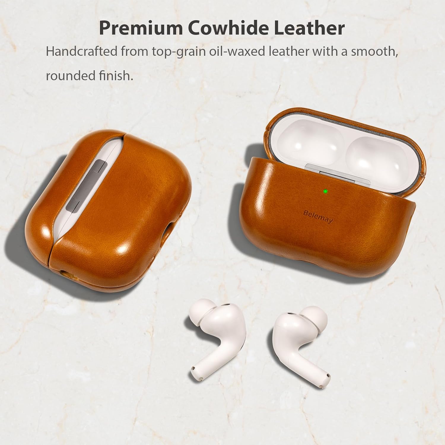 Belemay Handcrafted Oil-Waxed Leather Case for AirPods Pro 3rd Gen (2025), Genuine Cowhide, Smooth Glossy Lively Two-Tone Patina, Compatible with MagSafe, Compatible with Airpods Pro 3, Amber Brown - Image 3