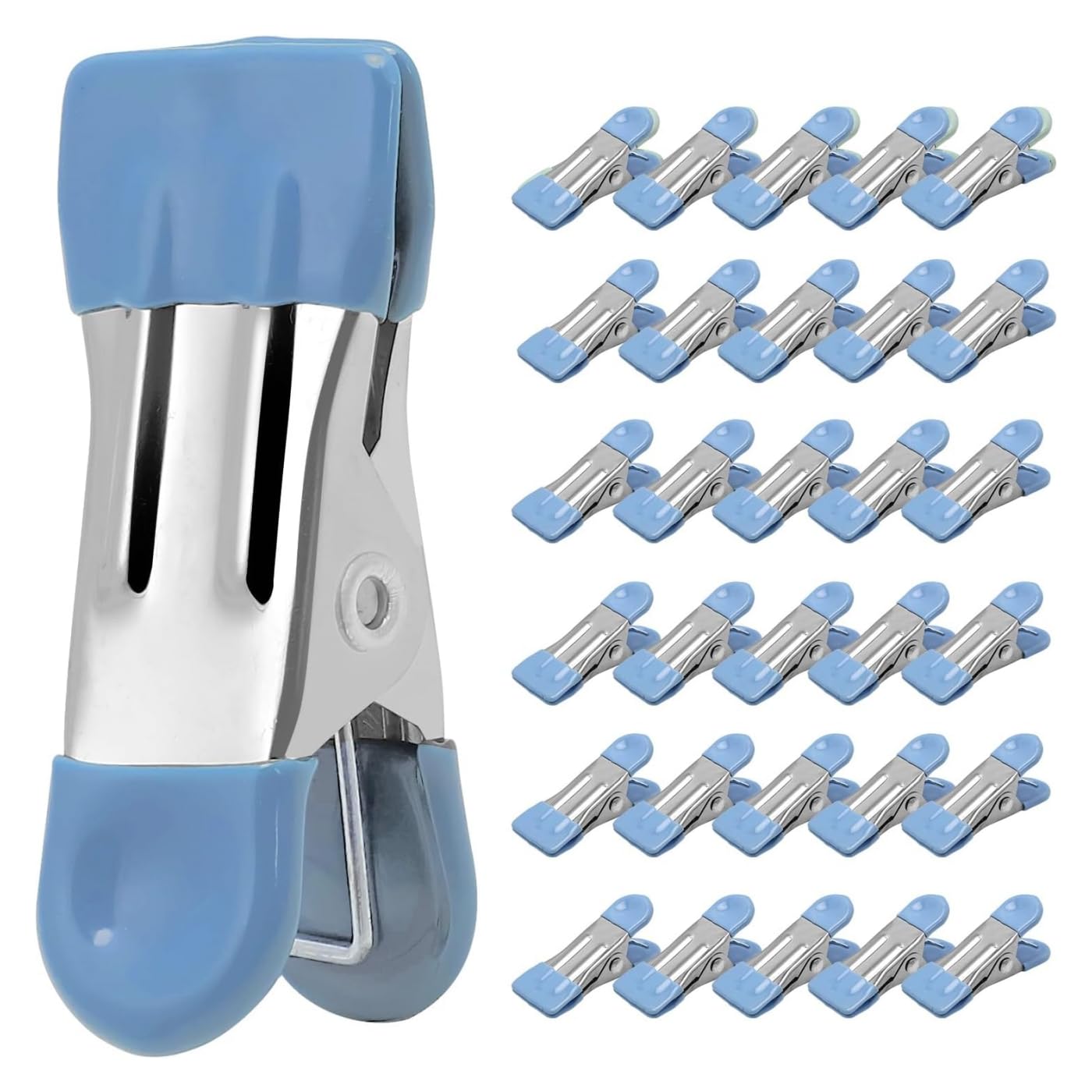 PYEBE Clothes Pins Heavy Duty 30 Pack - 2.19 Inch Metal Chip Clips, Clothespins for Photo Drying Clothesline Laundry Sock, Bag Clips for Food Kitchen Stainless Steel with Rubber (Blue)