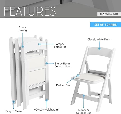 Miniatura 4 de Paquete de 4 sillas plegables de resina blanca con asiento acolchado, resistentes, resistentes a la intemperie, apilables, asientos de eventos para