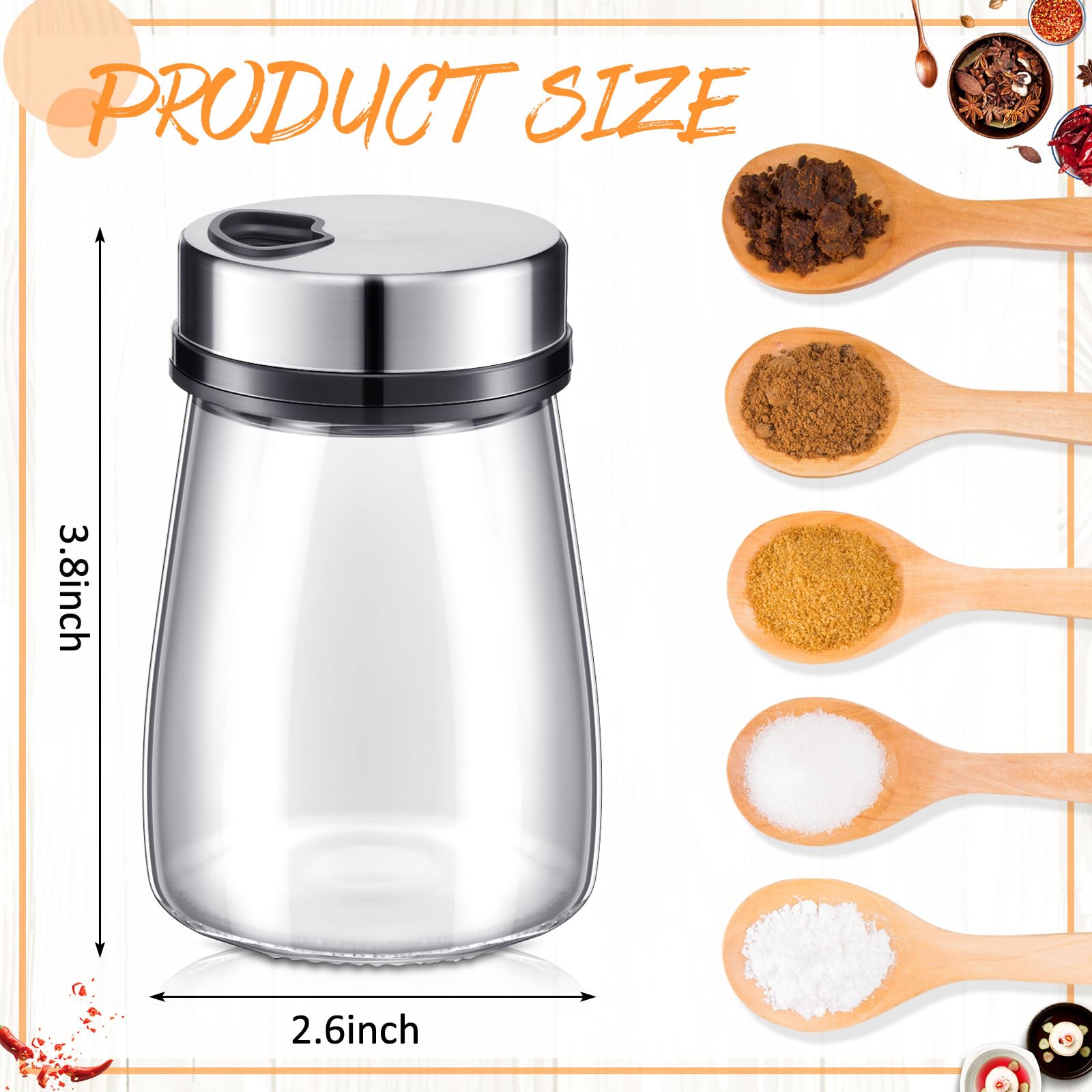 Ziliny Juego de 12 saleros y pimenteros de vidrio con agujeros ajustables para verter de acero inoxidable, dispensador de especias para cocina, camping, hogar, decoración de mesa, suministros de