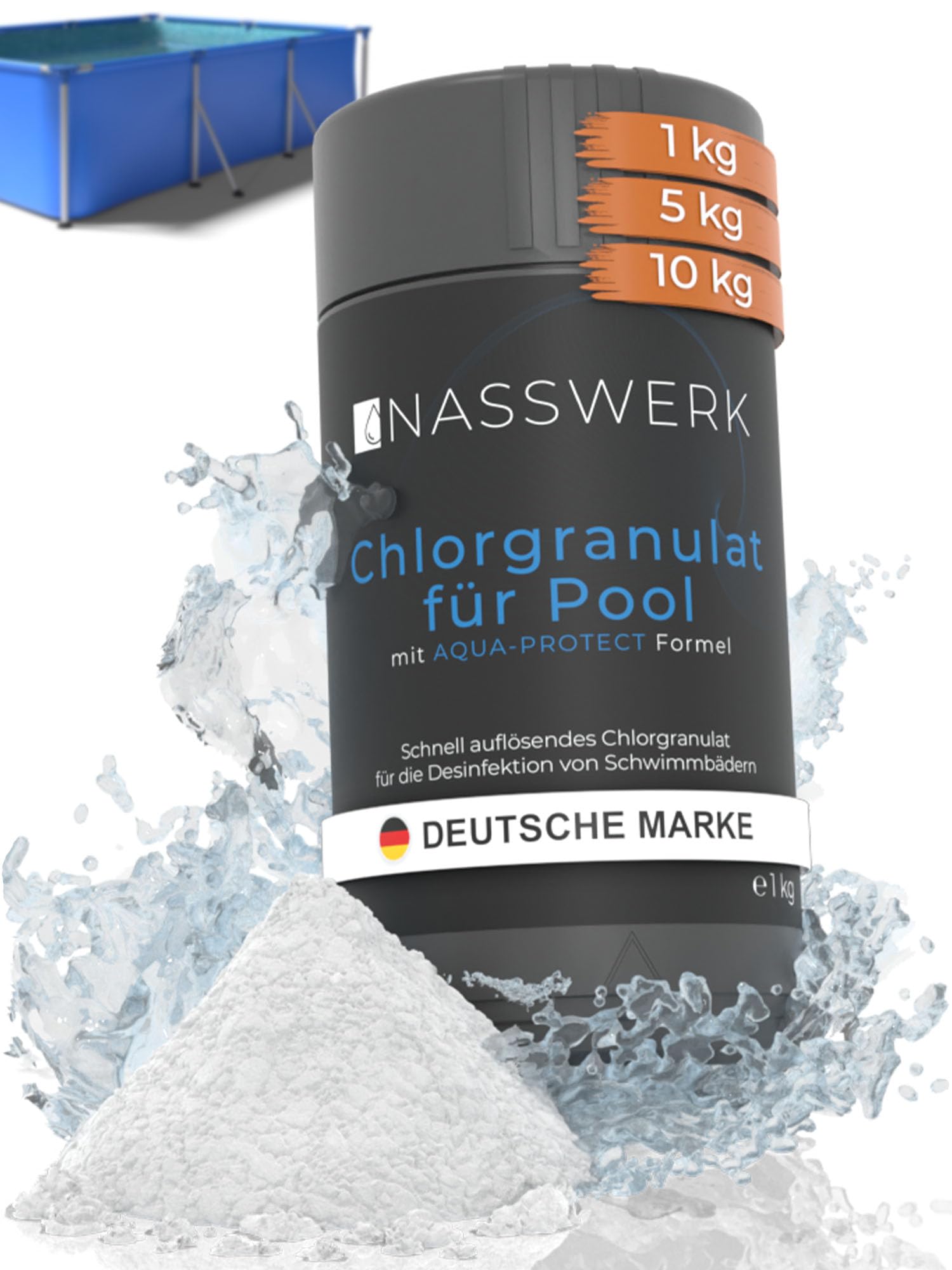 NASSWERK® Chlorgranulat für Pool 1kg | Hocheffektives Chlor Granulat für Pool & Whirlpool | Schnellchlorgranulat zur Schockchlorung & Stoßchlorung | Chlor Granulat Pool 1kg schnelllöslich | Poolpflege