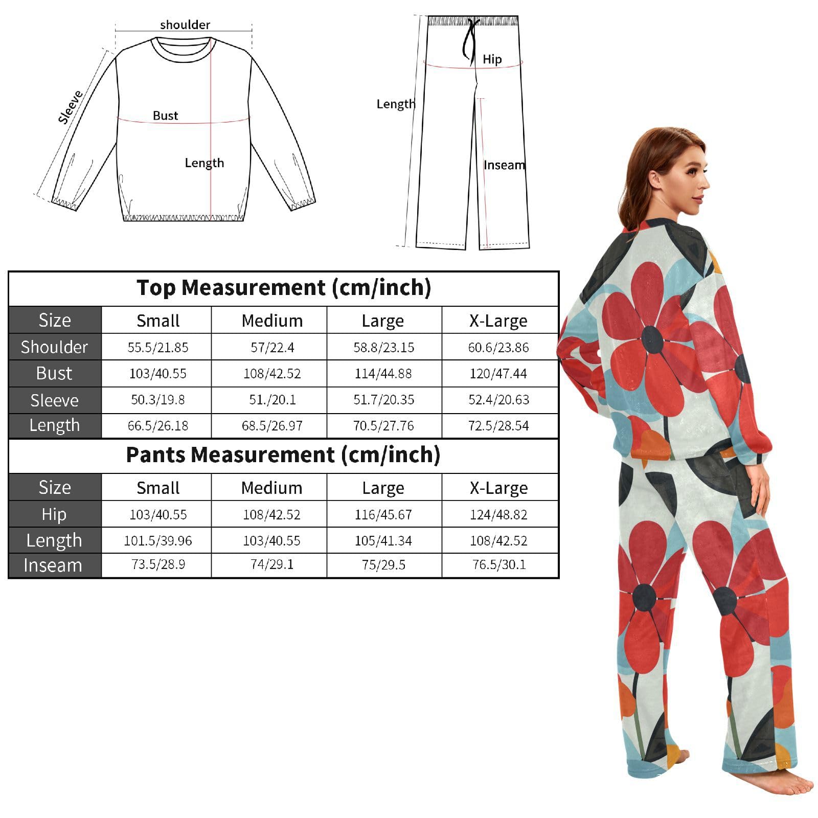 Retro Fiori Arancione Classico Donne Due Pezzi Pigiami Pile Girocollo Manica Lunga Pigiama Set