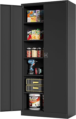 Miniatura 7 de MIIIKO Gabinete de almacenamiento con cerradura, pequeño gabinete de garaje de metal con puertas y estantes, 35.4 "armarios de armario de base de