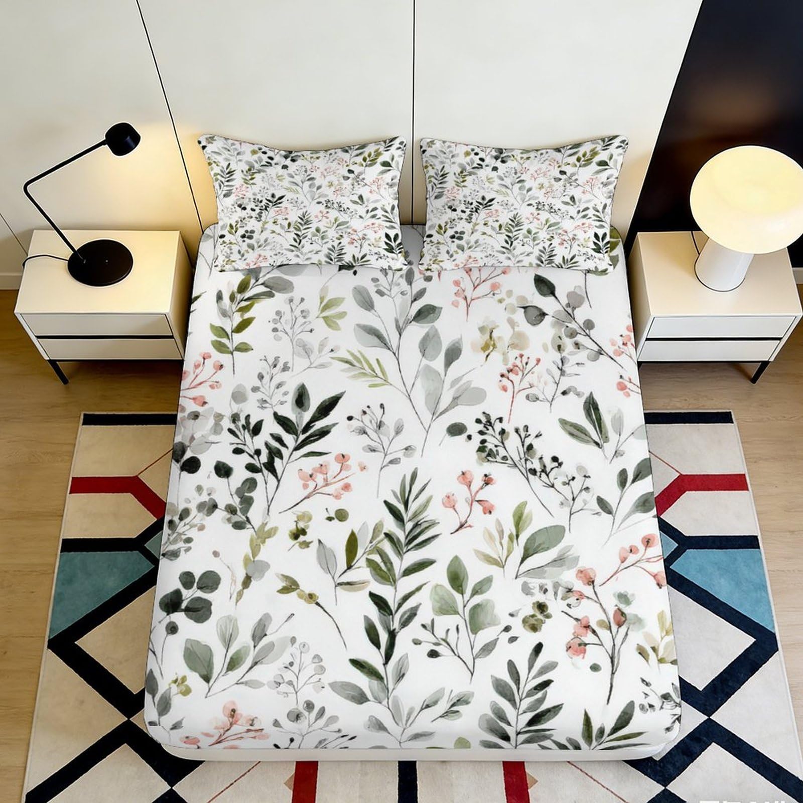 3D Printed Botanical Fitted Sheet Microfiber Non-Slip Deep Pocket Full Wrap Floral Mattress Fitted Cover Bedroom 200x200x25cm