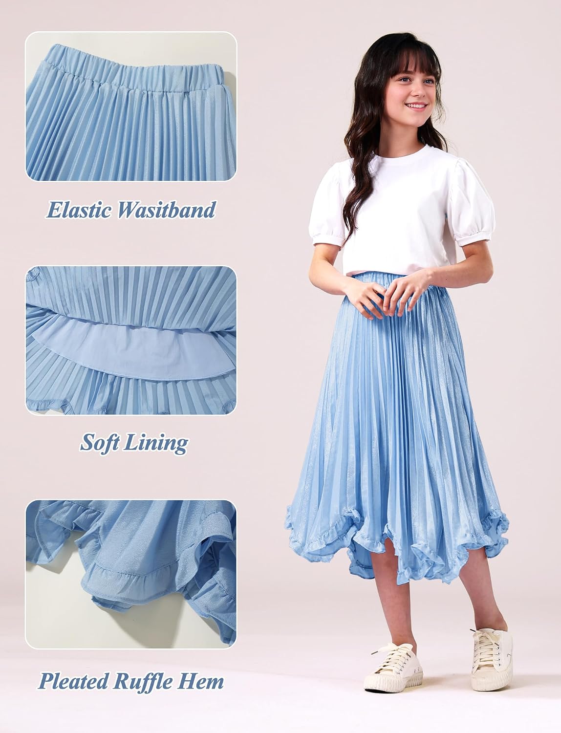 Happy Cherry Pleated Skirt for Girls High Waist Elastic A-Line Boho Swing Maxi Long Skirt
