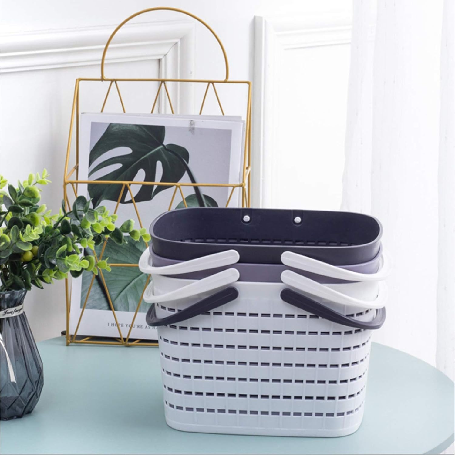 JiatuA Plastic Storage Basket Bin with Handle, Shower Caddy Tote for Bathroom Kitchen Office Home (Black)
