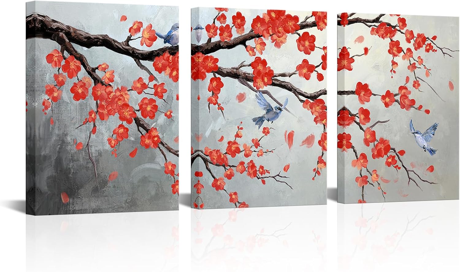 LyerArtork 3 Pieces Red Cherry Blossom Wall Art Canvas Prints Birds on the Tree Branch Flower Oil Painting Modern Artwork Wall Decor for Kitchen Living Room Bedroom Decoration 12"x16"x3