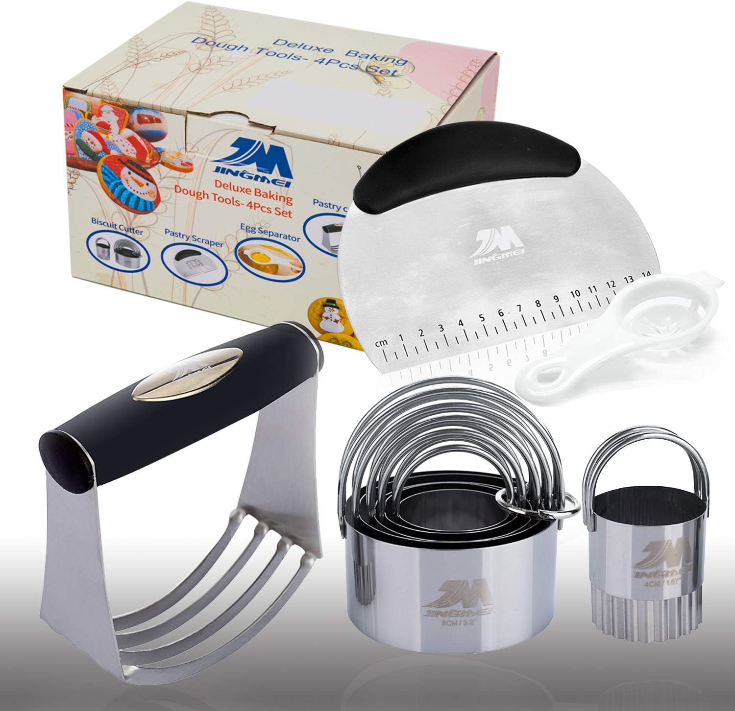 M JINGMEI Pastry Cutter Set Pastry Scraper Biscuit Cutter Set (5 Circle+1Fluted Edge) Dough Blender Mixer Cookie Cutters Round Baking Dough Tools Pastry Utensils Egg Separator Gift Package