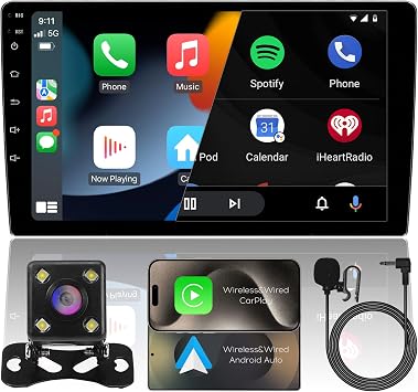 9" IPS Full Touch 4Core 2+32G Double Din Car Radio Audio Video Stereo Receivers with Wireless CarPlay Android Auto Backup Camera BT Split Screen WiFi SWC PIP DSP GPS Navigation